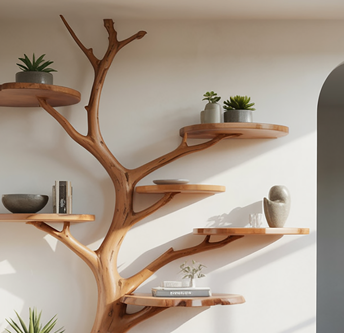 Skulpturales Holz-Wandregal zur Präsentation von Büchern und Deko