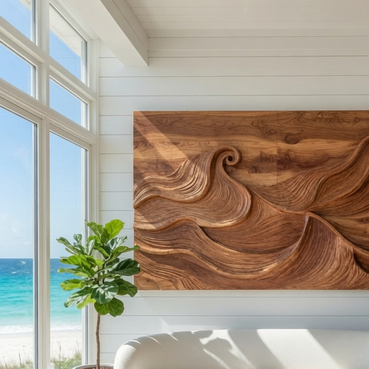 Moderne Wandkunst aus Massivholz im fließenden Wellendesign