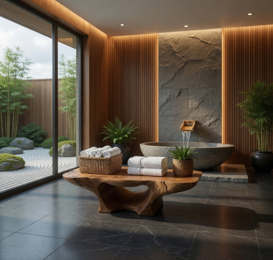 Handgefertigte geschwungene Holz-Badezimmerbank, die ein Spa-inspiriertes Interieur schafft