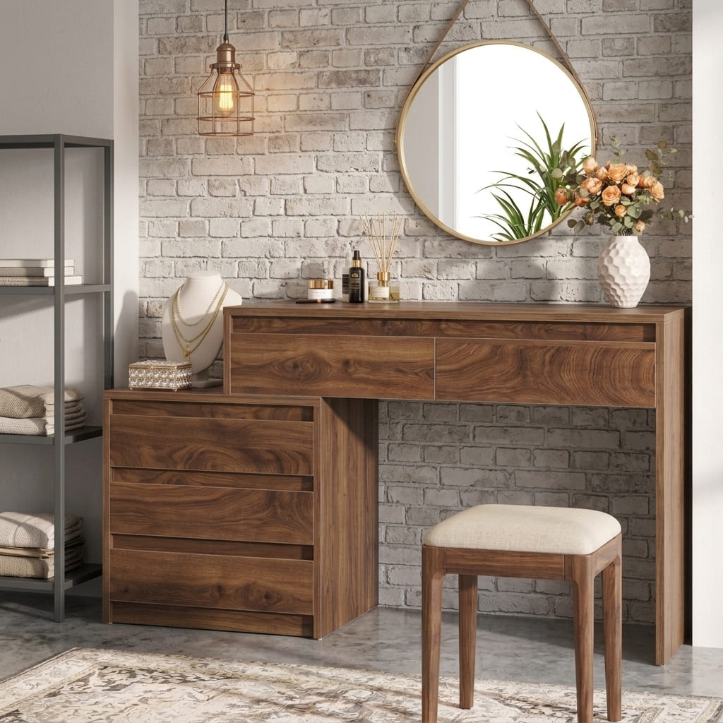 Organischer Schminktisch aus Massivholz, gestylt in einem modernen Schlafzimmer