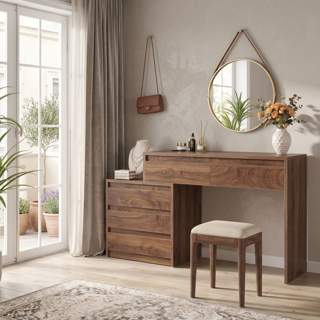 Minimalistischer Frisiertisch aus Massivholz in einem eleganten Schlafzimmerinterieur