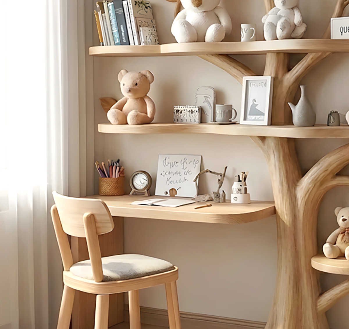 Handgemachtes Babyzimmer-Bücherregal im organischen Baumdesign
