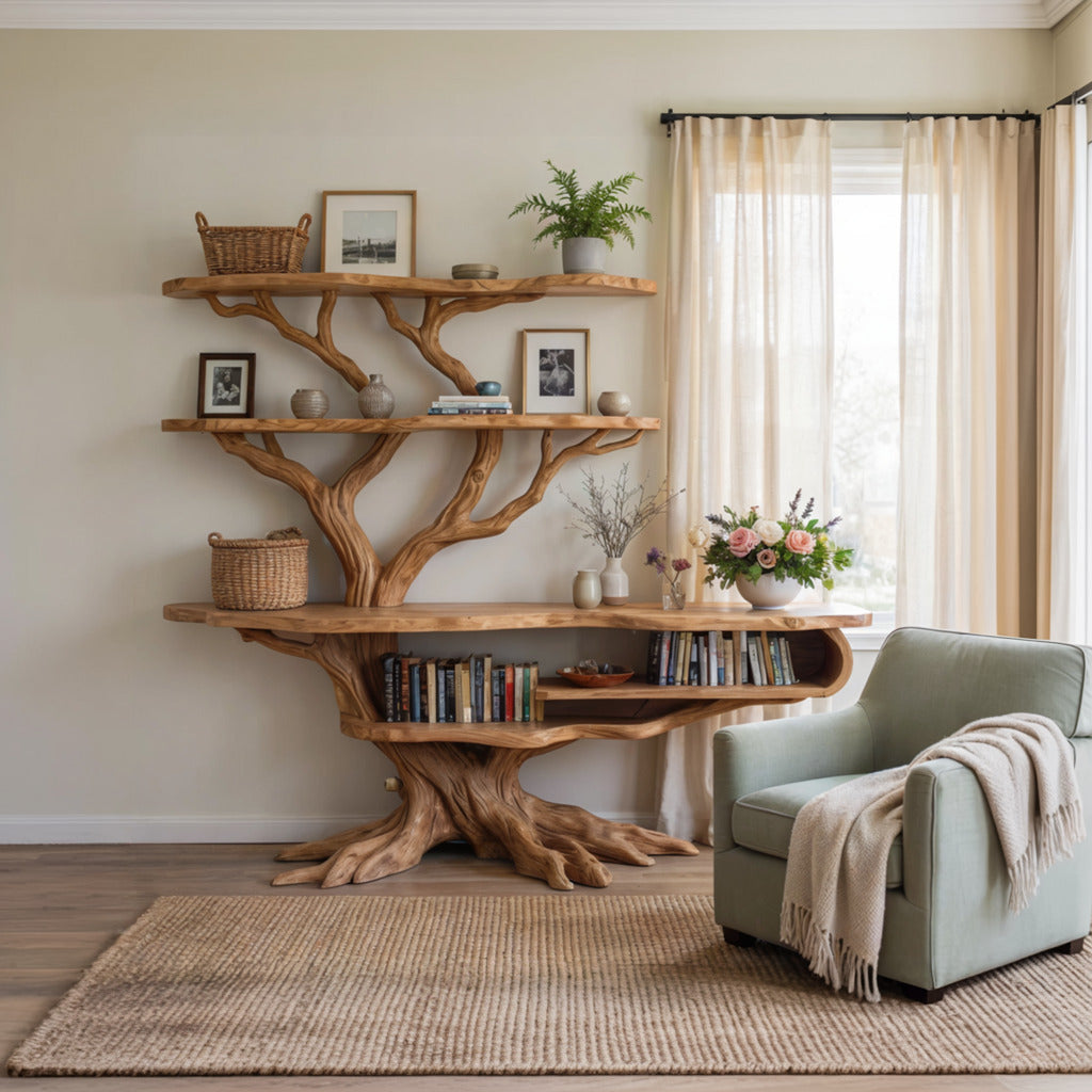 Handgefertigtes Baumwurzel-Bücherregal aus Naturholz