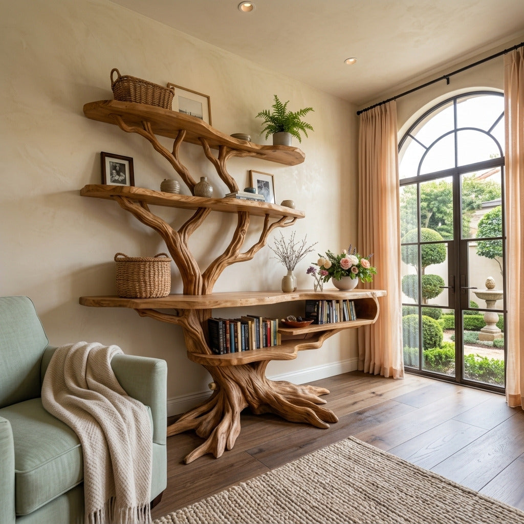 Skulpturales Holz-Bücherregal, das eine stilvolle Leseecke schafft