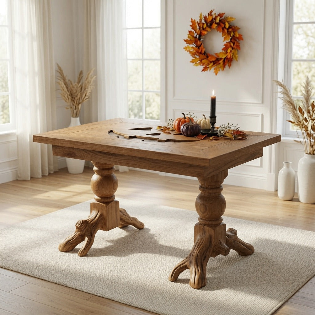 Handgefertigter Holz-Couchtisch mit skulpturalem Wurzelfuß in einem rustikalen Interieur