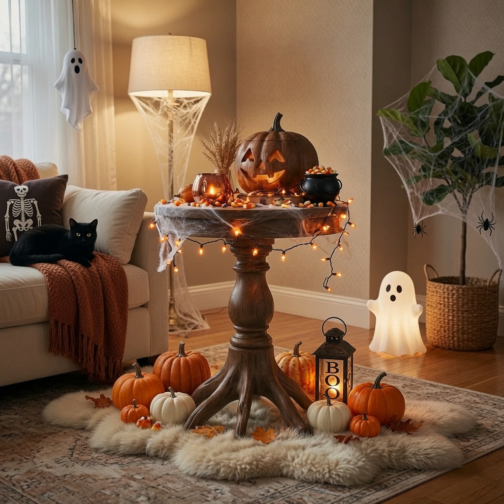 Runder Akzenttisch aus Naturhartholz, der das Halloween-Wohndekor aufwertet
