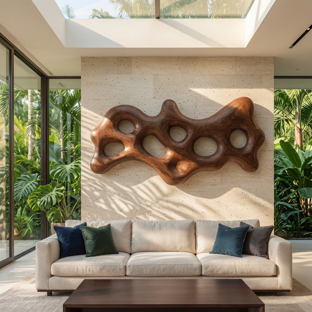 Handgefertigte Holz-Wandskulptur, präsentiert über einem zeitgenössischen Sofa