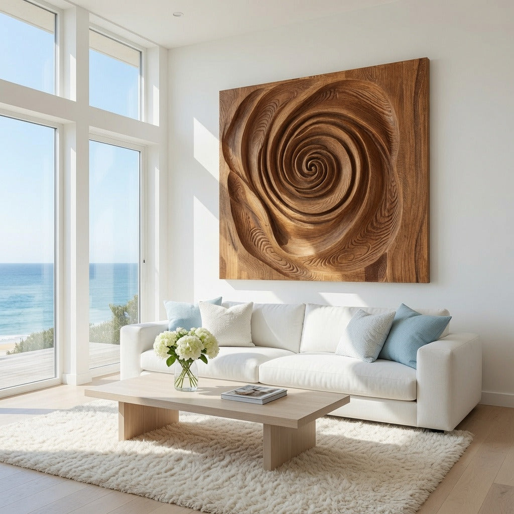 Organische Wandskulptur mit Spiraldesign fürs Wohnzimmer