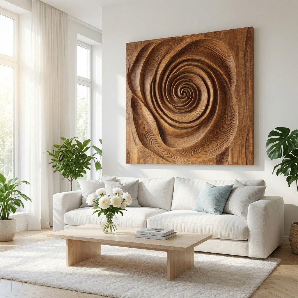 Organische Wandskulptur mit Spiraldesign fürs Wohnzimmer