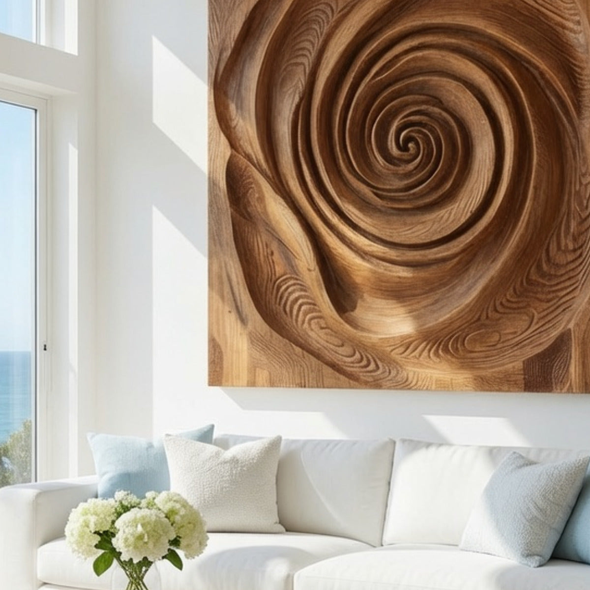 Organische Wandskulptur mit Spiraldesign fürs Wohnzimmer