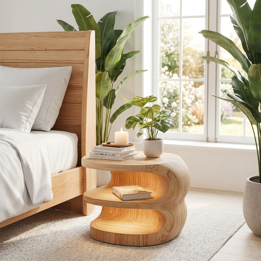 Moderner Nachttisch aus Massivholz in einem minimalistischen Schlafzimmer
