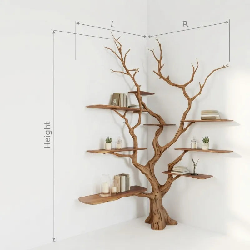 Organisches biophiles Baum-Bücherregal – Handgefertigtes Baumkanten-Eckregal aus Massivholz