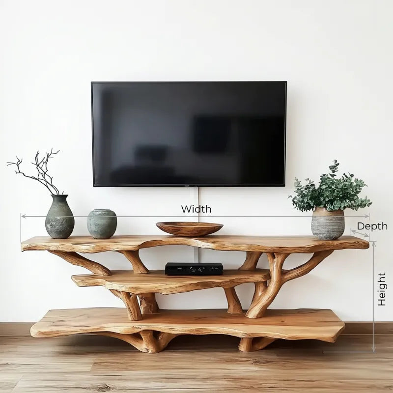 Organisch-moderne Astholz-TV-Konsole – Handgefertigtes Baumkanten-Entertainment-Center