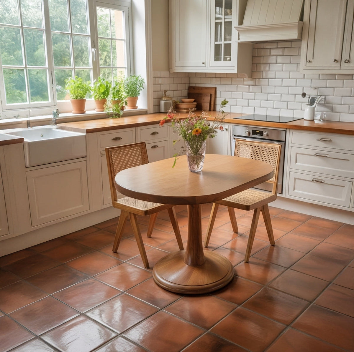Ovaler Esstisch aus Massivholz im Säulenfuß-Design