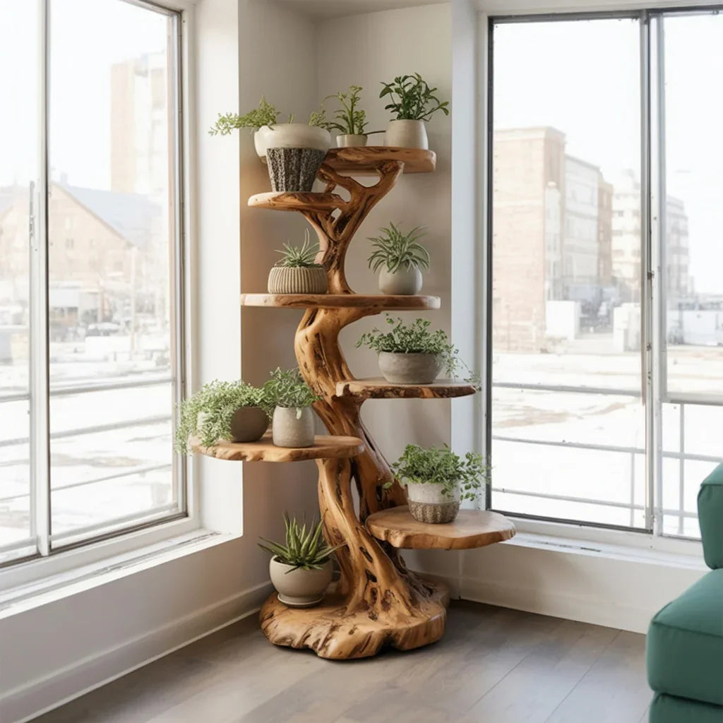 Mid-Century-Pflanzenständer in Baumform aus Holz als Wohndekor