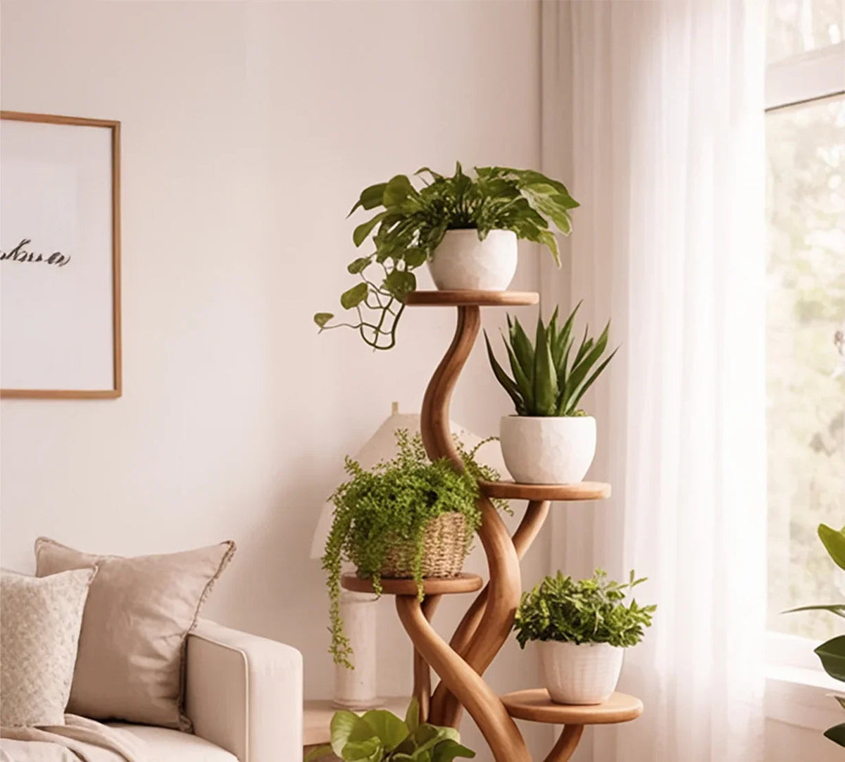Spiral-Pflanzenständer in Baumform aus Holz als Wohndekor