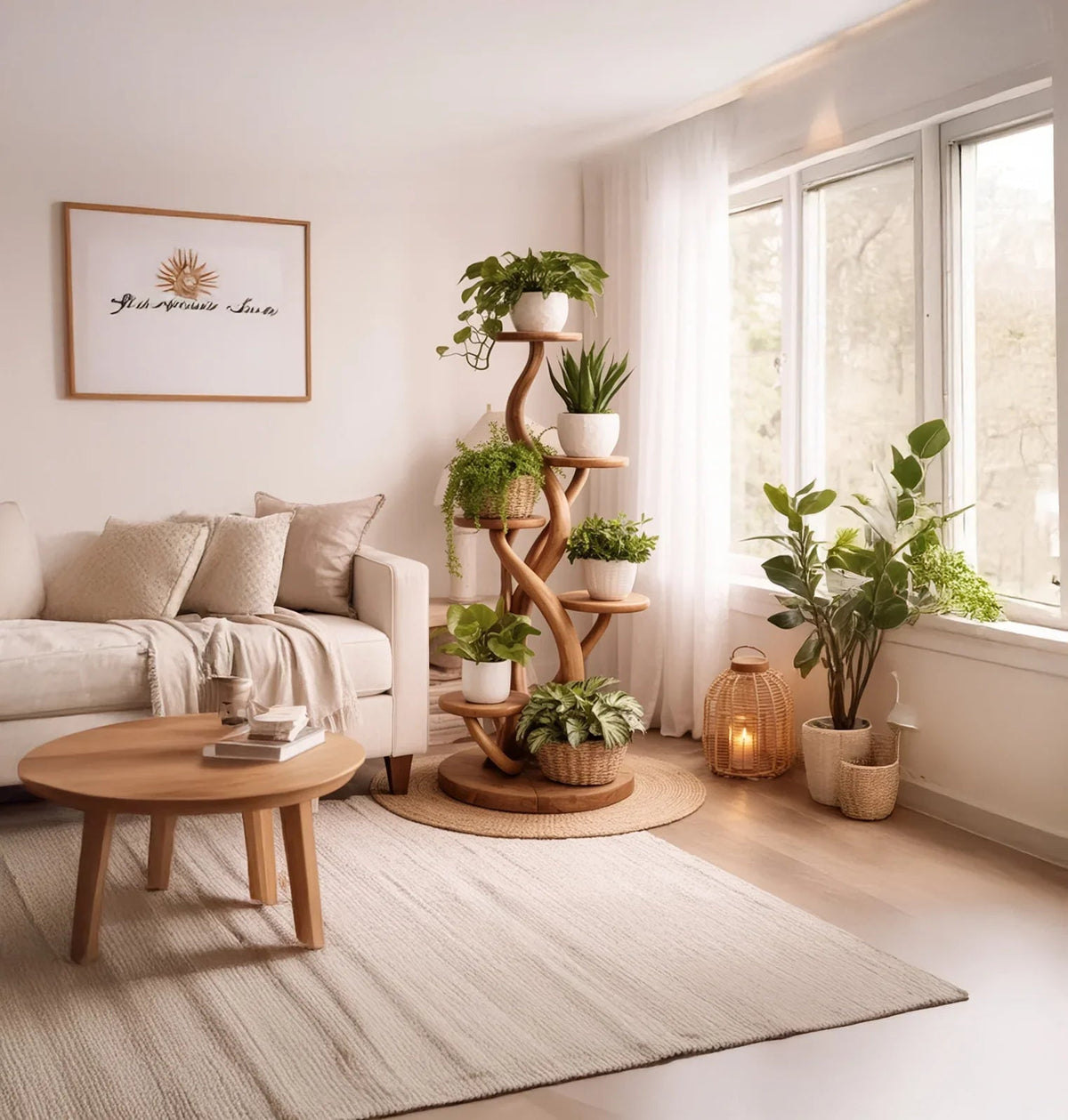 Rustikaler Holz-Pflanzenständer im Spiral-Baumdesign