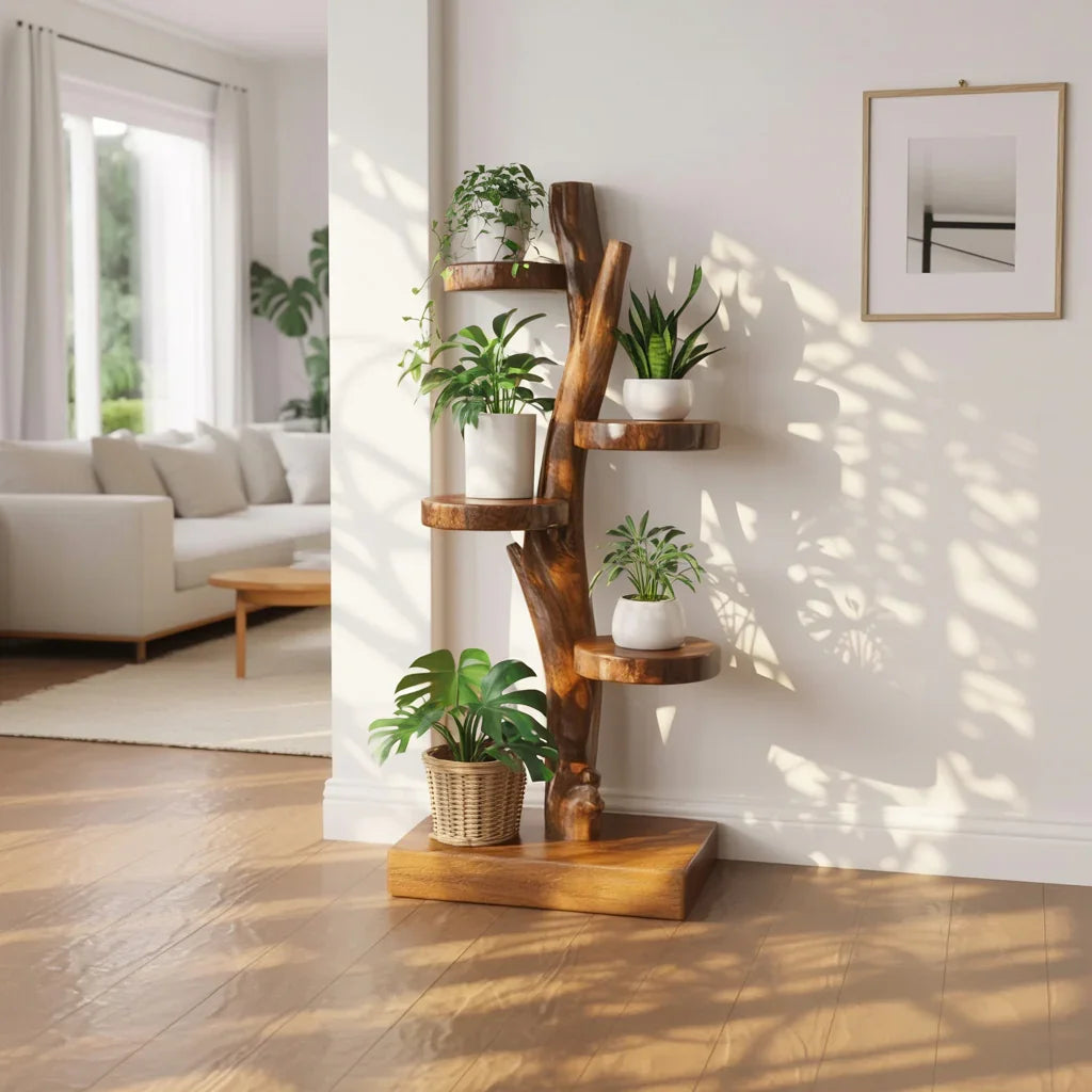 Pflanzenregal in Astform aus Massivholz als freistehender Standständer