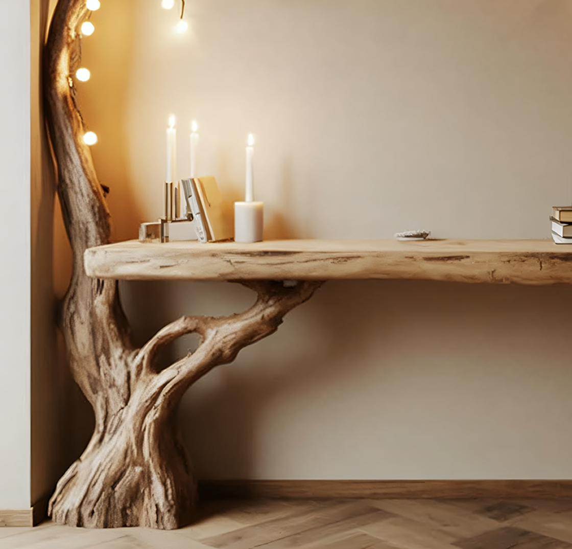 Live-Edge Baumast-Konsole mit Beleuchtung – Handgefertigter Holz-Tisch