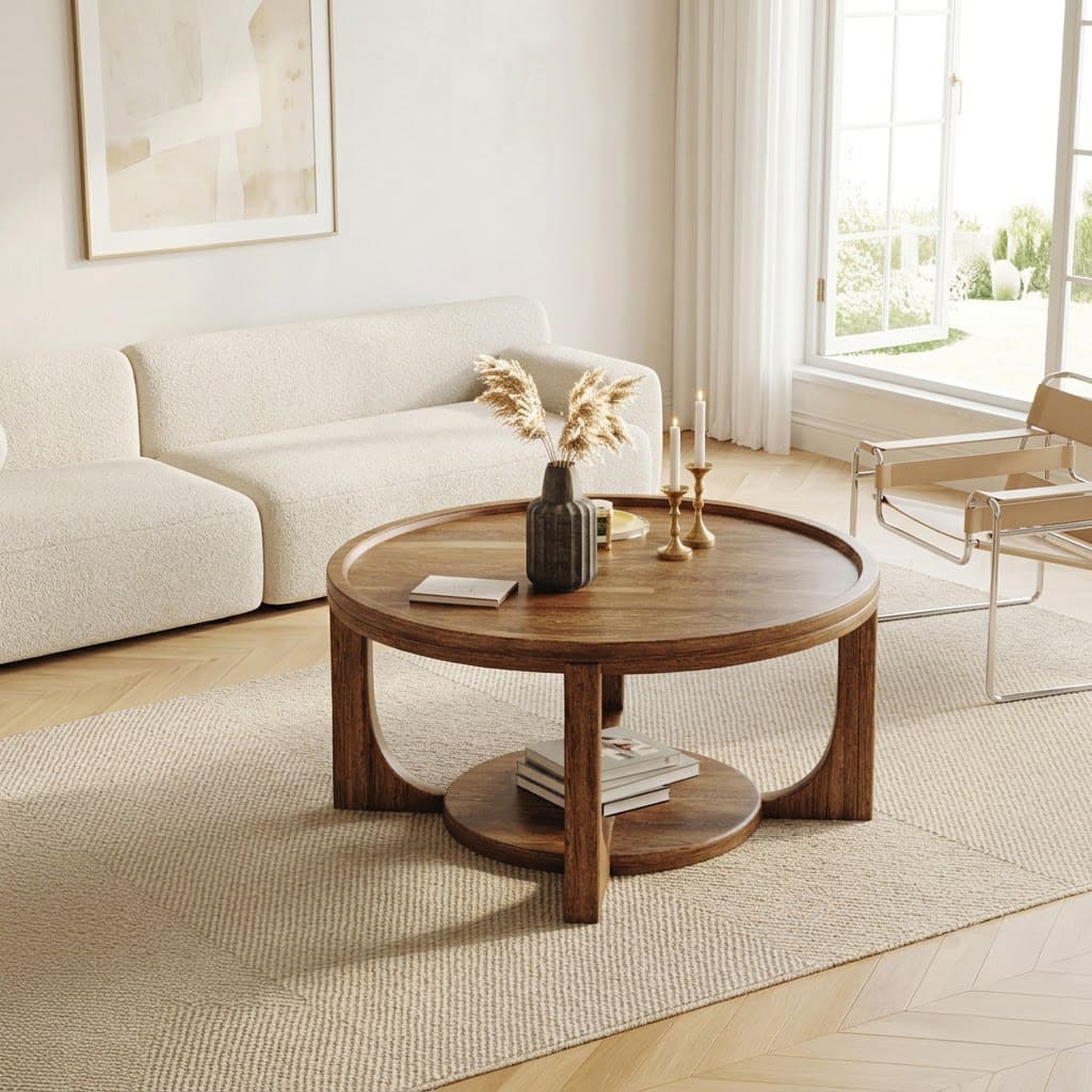Runder Couchtisch aus Massivholz mit Tablett-Detail und zweistöckigem Stauraum für ein zeitgenössisches Zuhause