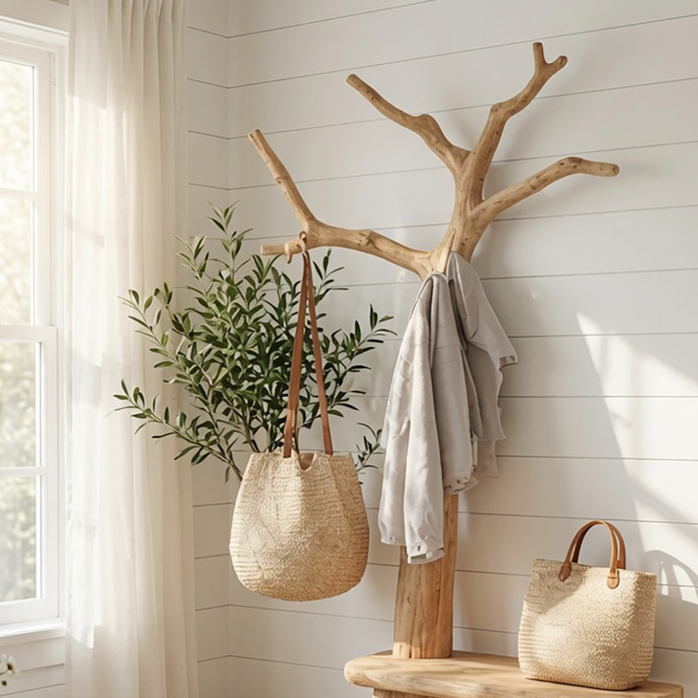 Skulpturale Garderobe aus Massivholz mit Eingangsbank
