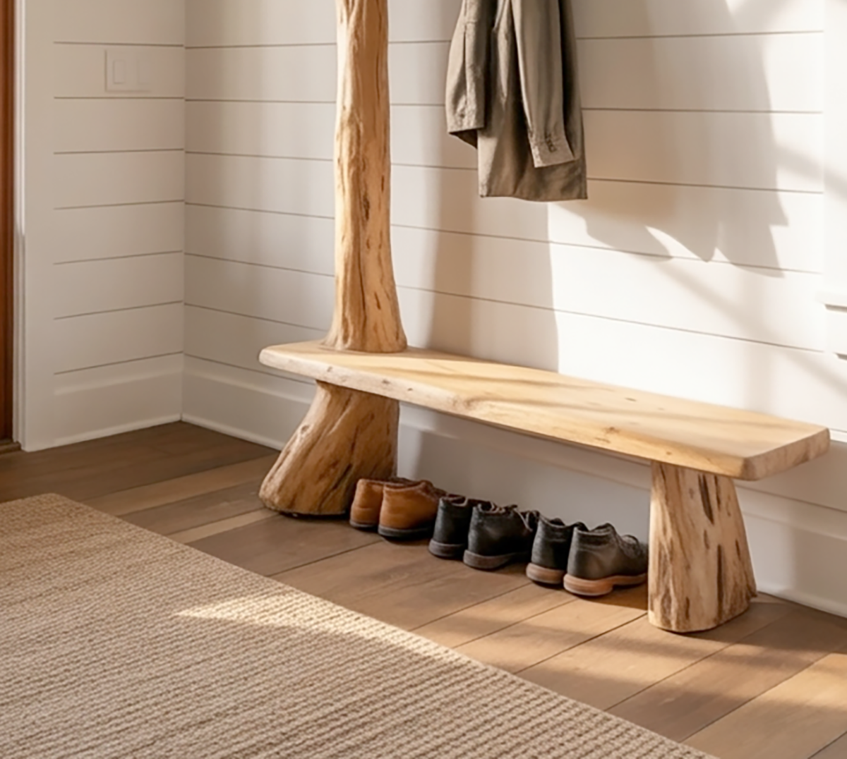 Eingangsbank aus Massivholz mit Garderobe im Baumstil