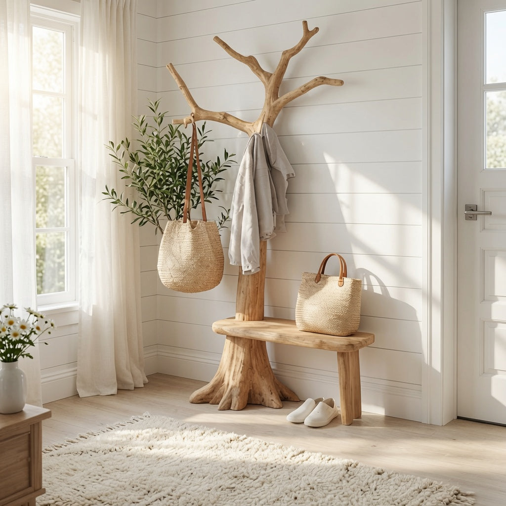 Rustikale künstlerische Baum-Garderobe mit Bank aus Massivholz