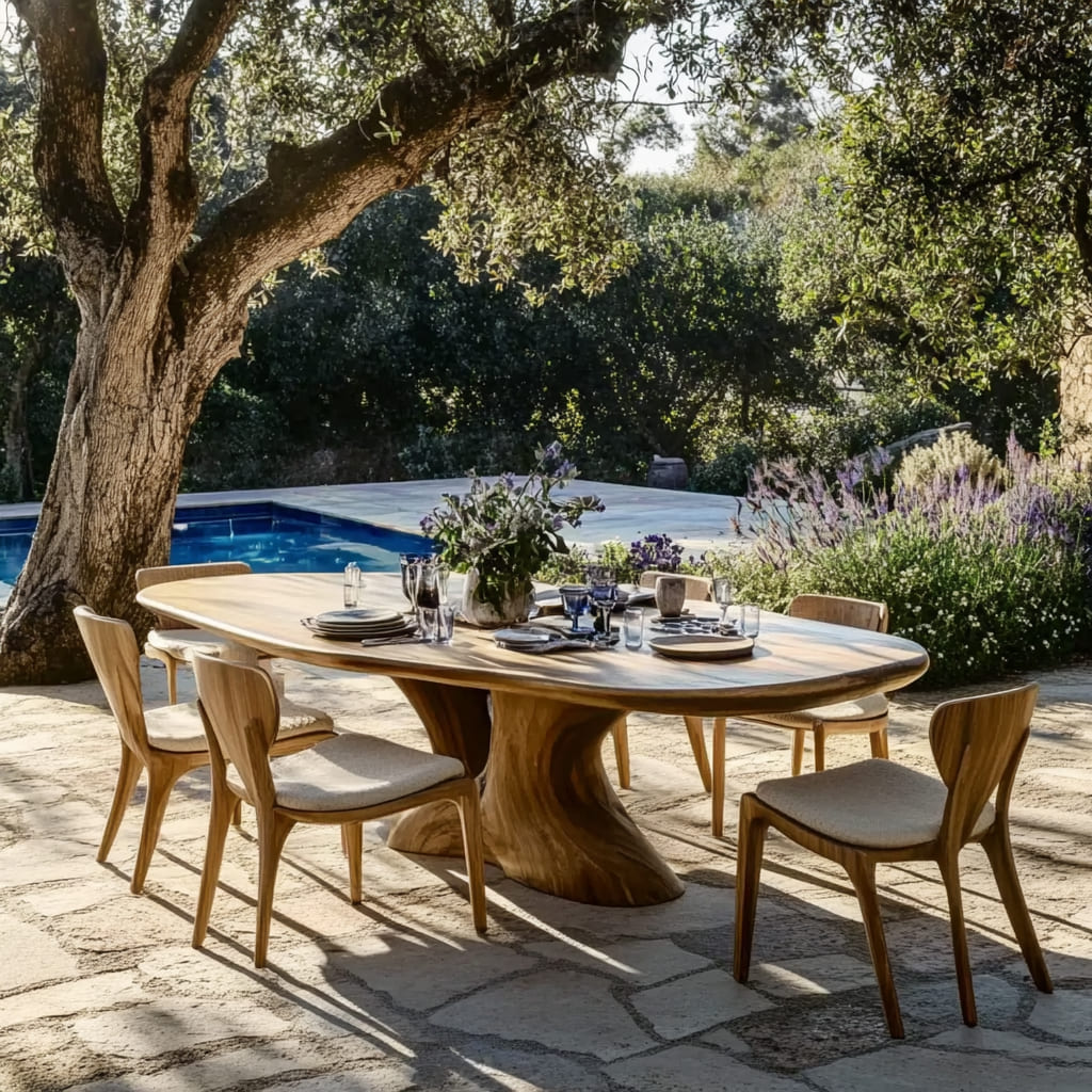 Rustikaler Outdoor-Esstisch aus hochwertigem Massivholz neben einer Pool-Oase