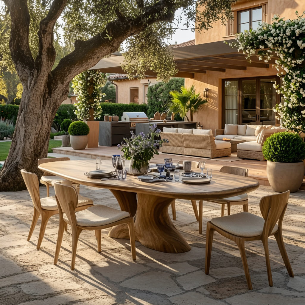 Terrassen-Esstisch aus Massivholz, präsentiert in einem eleganten Außenbereich am Pool