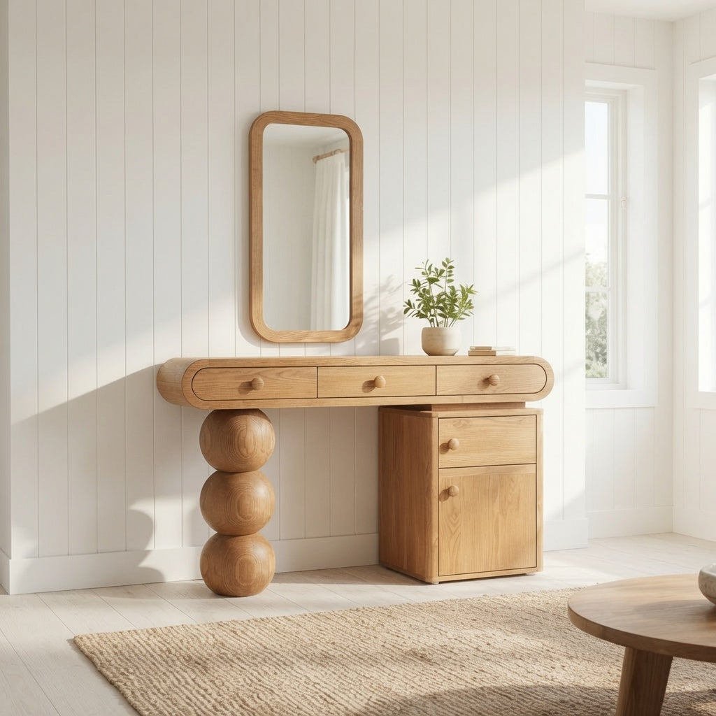 Schminktisch aus Hartholz im Landhausstil, der ein modernes Schlafzimmerinterieur aufwertet