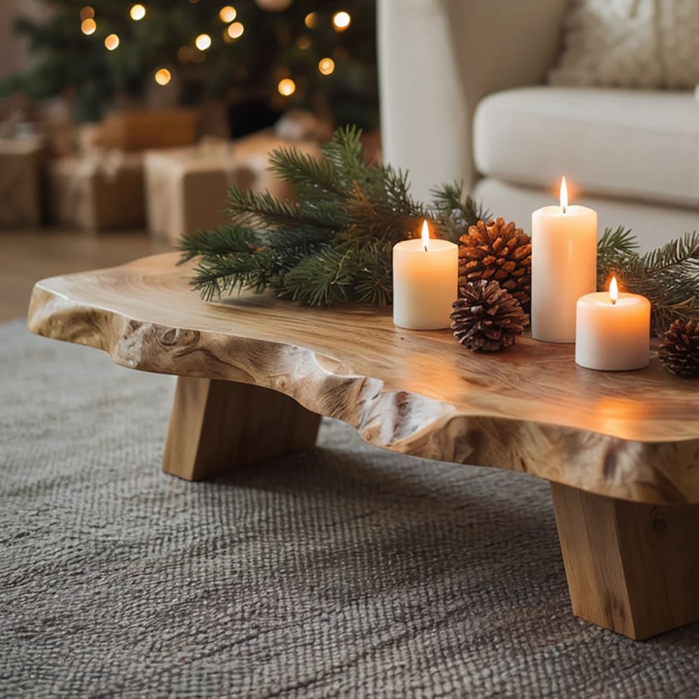 Rustikaler Baumkanten-Couchtisch aus Massivholz in einem gemütlichen weihnachtlichen Wohnzimmer