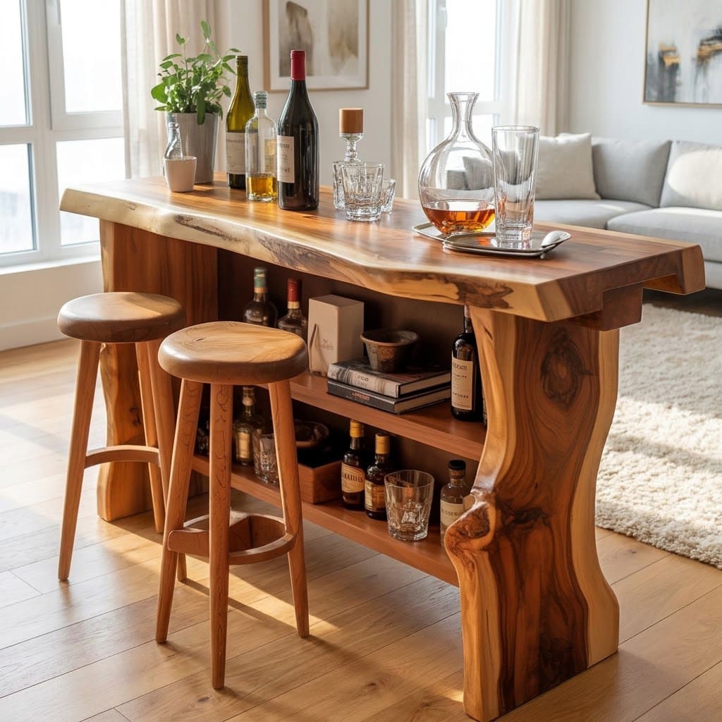 Rustikaler Baumkanten-Hausbartisch aus Massivholz mit Stauregalen