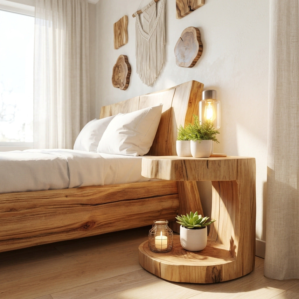 Rustikal-moderner Baumkanten-Nachttisch in einem zeitgenössischen Schlafzimmer