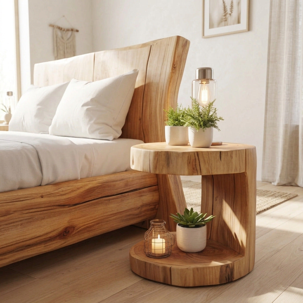 Rustikaler Baumkanten-Nachttisch, der ein gemütliches Schlafzimmer aufwertet