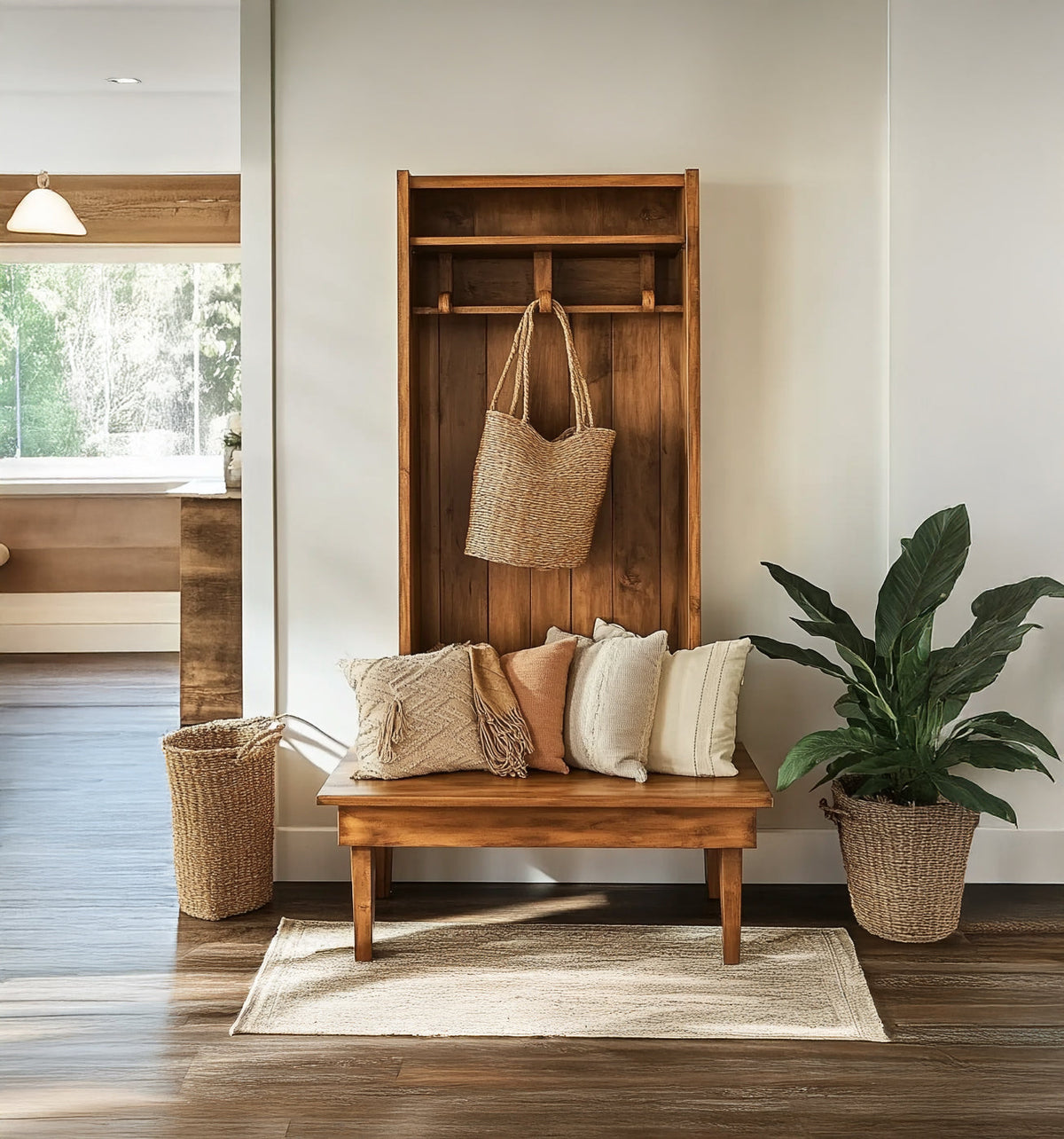Rustikaler Garderobenbaum aus Massivholz mit Eingangsbank und Garderobe – Handgefertigter Stauraum-Organizer
