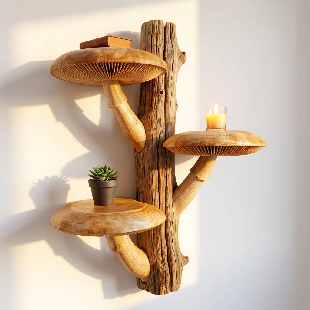 Rustikales Pilz-Baumregal mit 3 breiten Hüten und rohem Rindenstamm – Handgefertigt aus Massivholz, dicke geschnitzte Stiele, Schwebregal für Wohnzimmer, Schlafzimmer, Flur – Ashdeco 2026