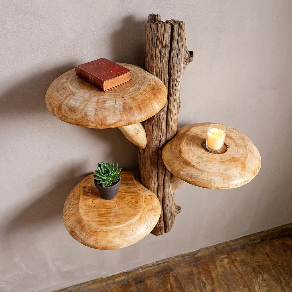 Rustikales Pilz-Baumregal mit 3 breiten Hüten und rohem Rindenstamm – Handgefertigt aus Massivholz, dicke geschnitzte Stiele, Schwebregal für Wohnzimmer, Schlafzimmer, Flur – Ashdeco 2026