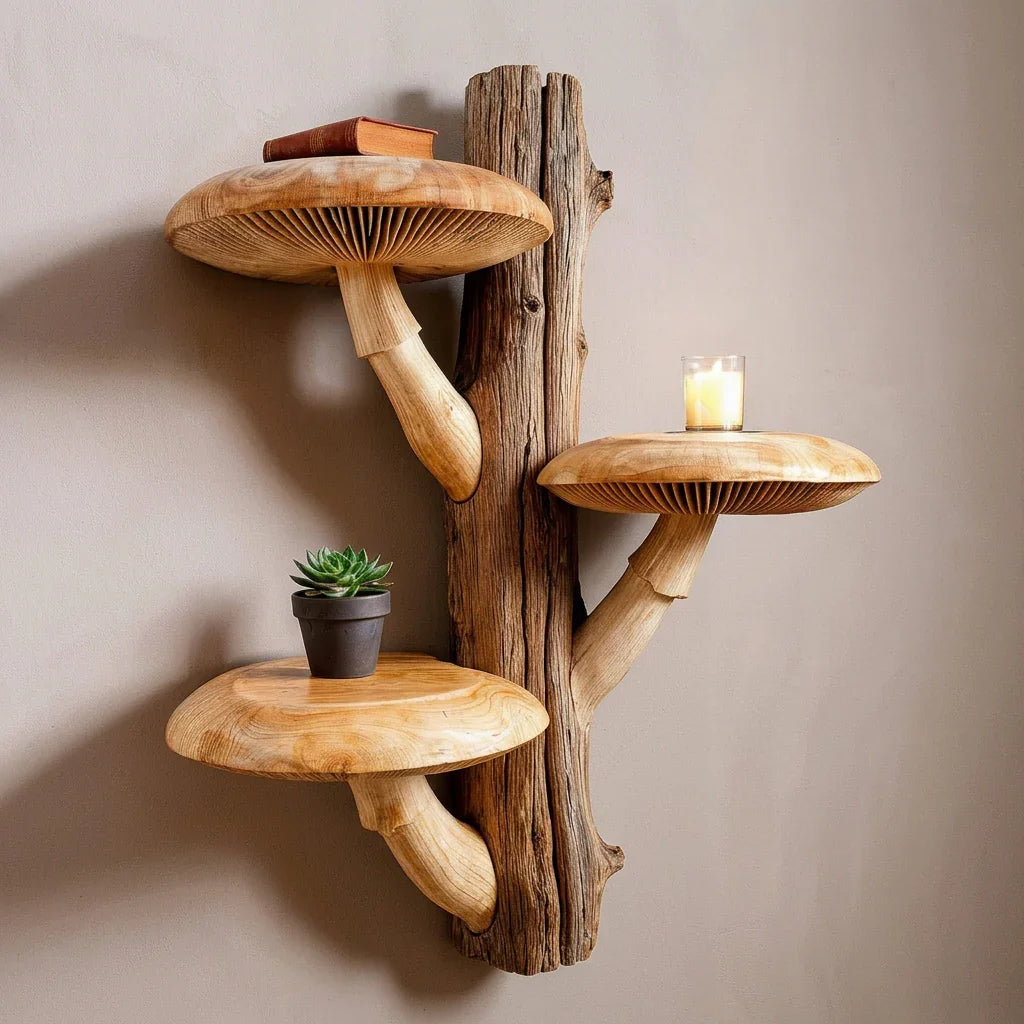 Rustikales Pilz-Baumregal mit 3 breiten Hüten und rohem Rindenstamm – Handgefertigt aus Massivholz, dicke geschnitzte Stiele, Schwebregal für Wohnzimmer, Schlafzimmer, Flur – Ashdeco 2026