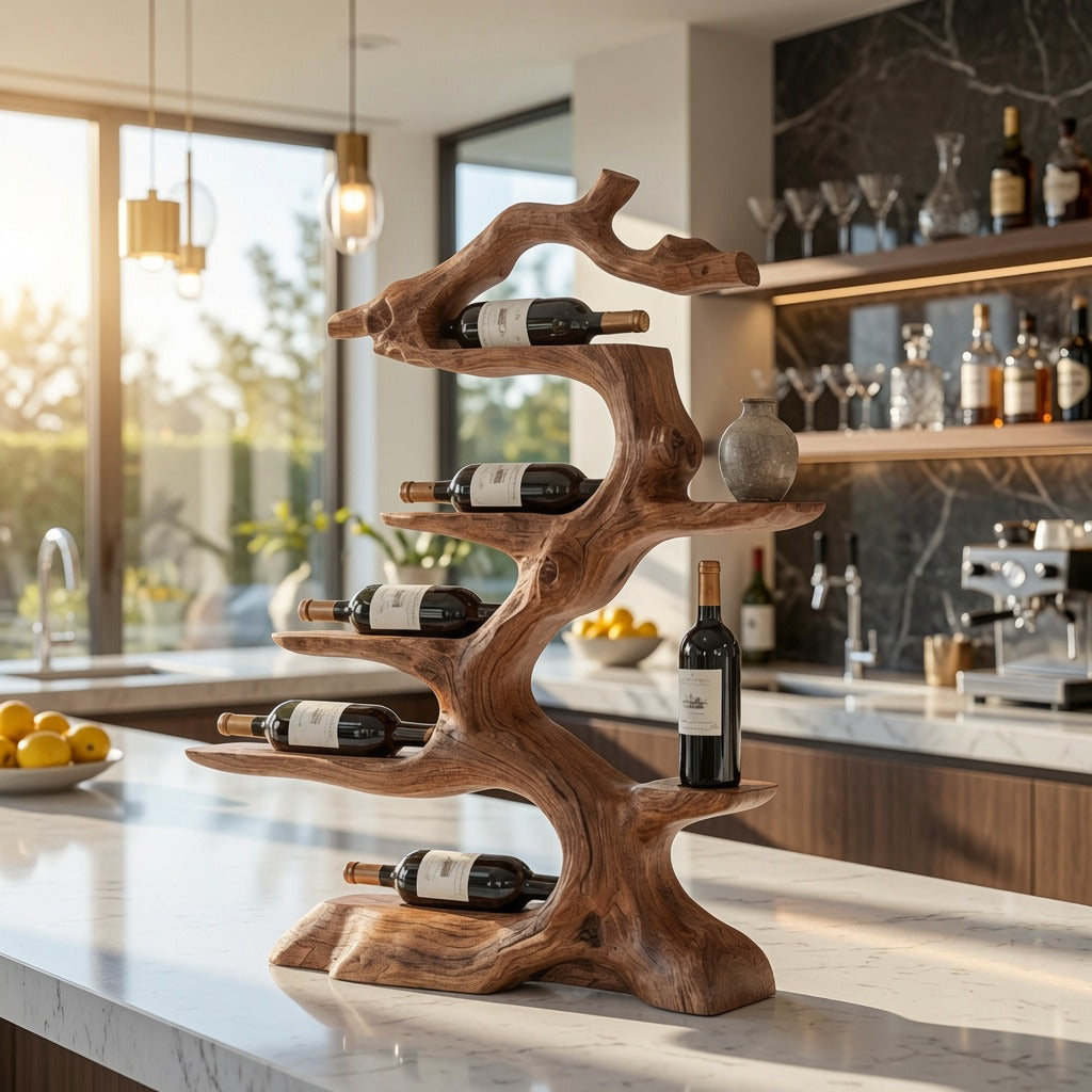 Weinregal aus Naturhartholz, das Flaschen in einer zeitgenössischen Hausbar präsentiert