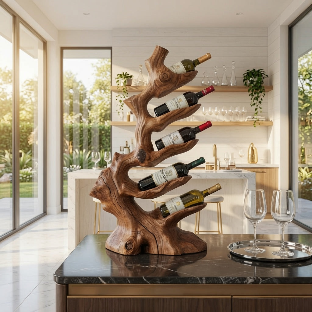 Weinregal aus Naturhartholz, das eine zeitgenössische Küche aufwertet