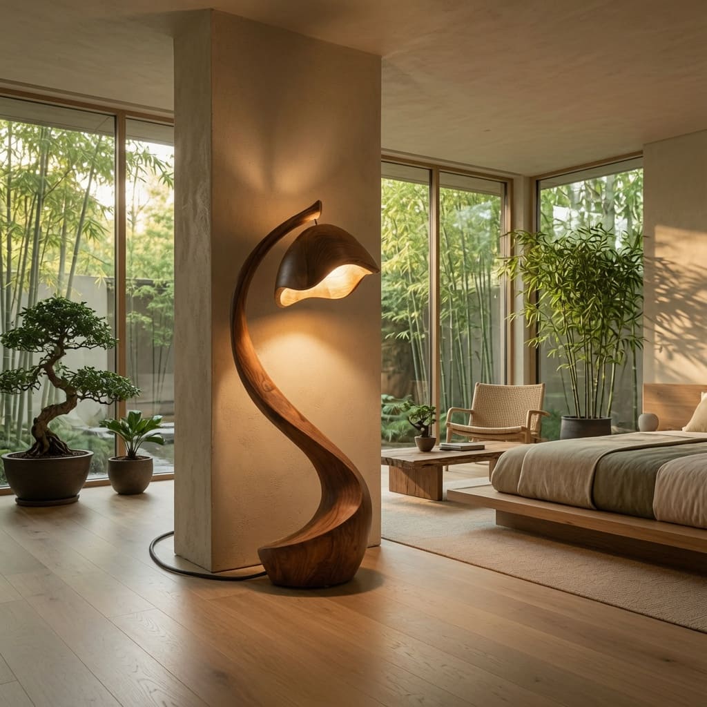 Statement-Holz-Stehlampe, die ein Interieur im Landhausstil aufwertet