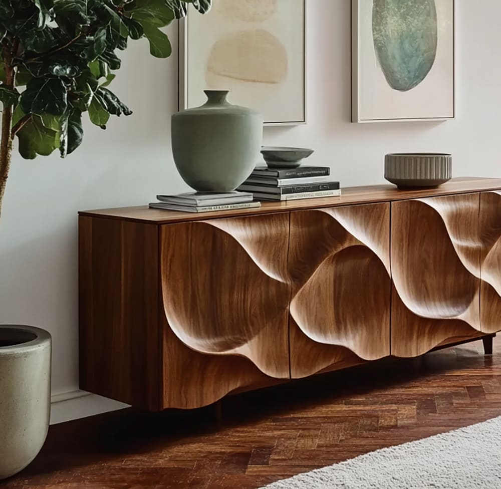 Sideboard aus Massivholz mit skulptierten Wellenmuster-Türen und verstecktem Stauraum