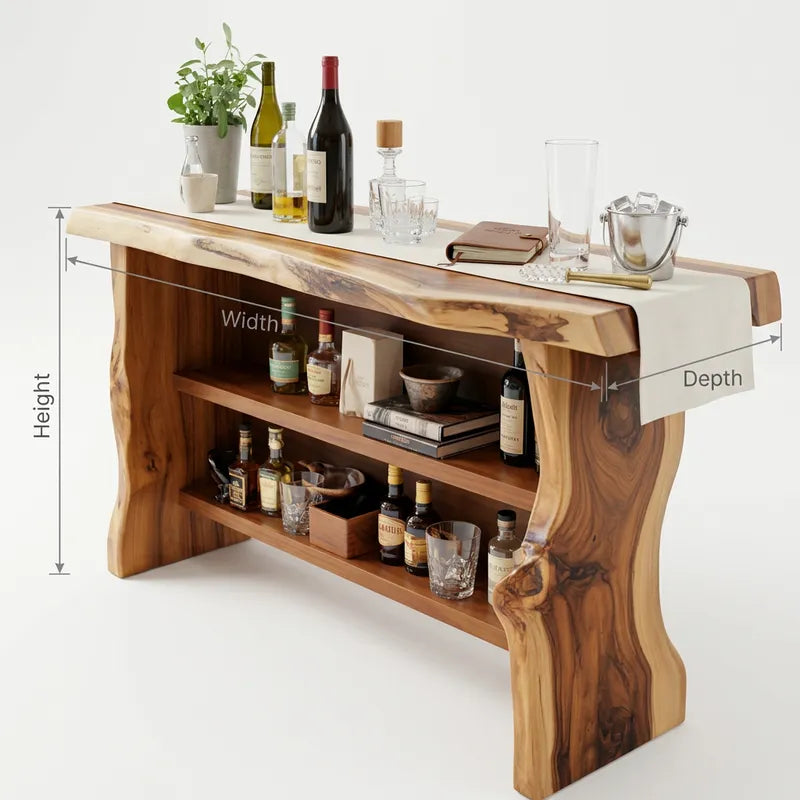 Rustikaler Baumkanten-Hausbartisch & Kücheninsel aus Massivholz mit Ablageregalen