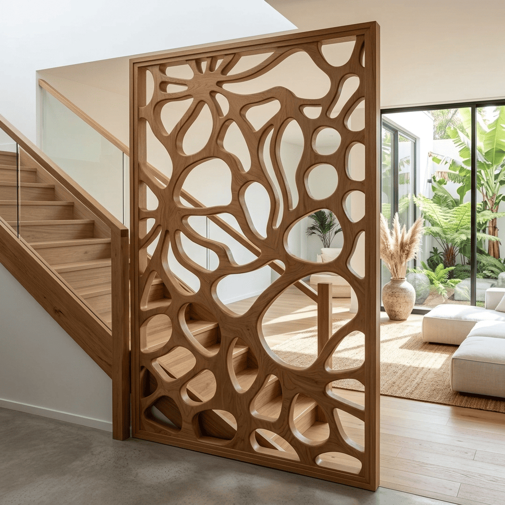 Skulpturaler biophiler Raumteiler-Paravent aus Massivholz