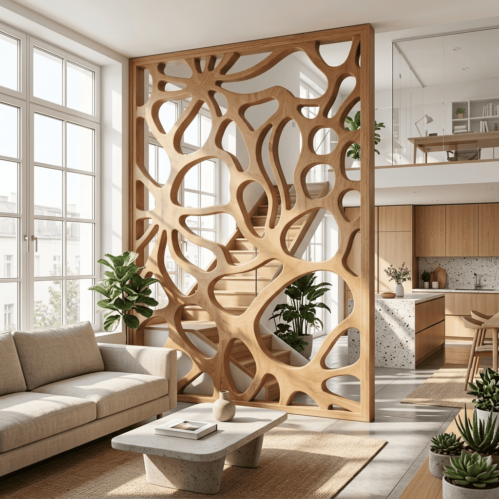 Biophiles Treppen-Trennwandpaneel aus Massivholz für ein modernes Wohnzimmer