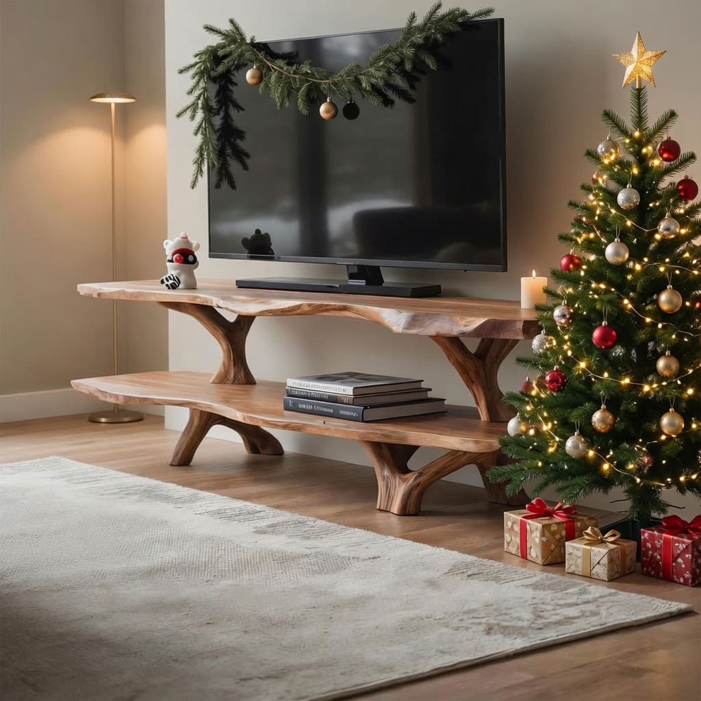 Skulpturales Weihnachts-TV-Lowboard aus Massivholz mit Baumkante