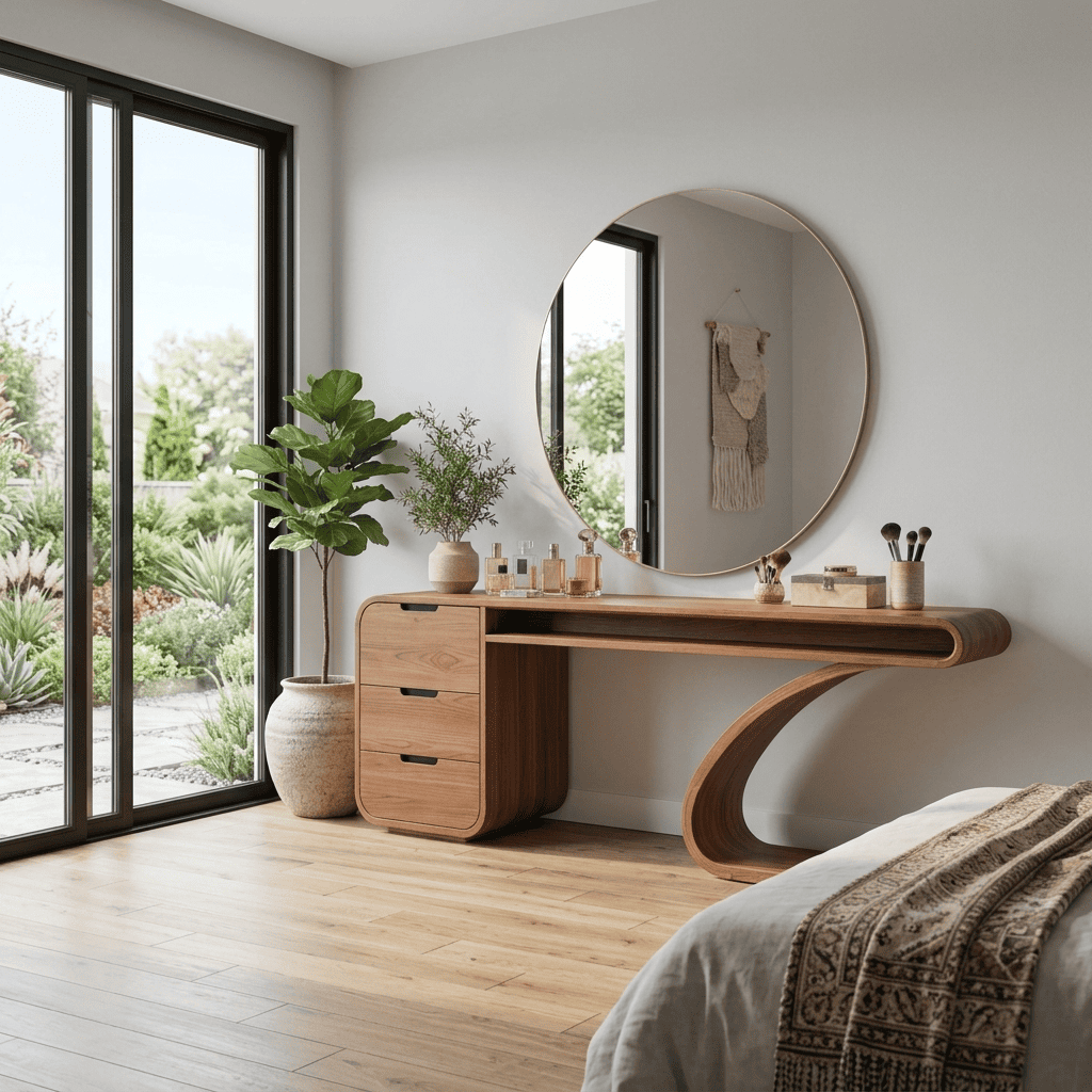 Zeitgenössischer geschwungener Konsolentisch aus Naturholz für ein elegantes Schlafzimmer