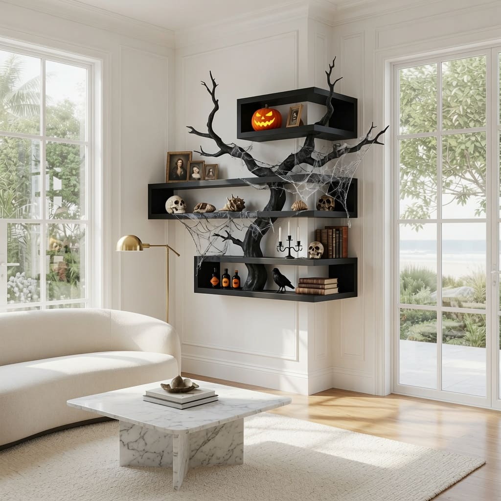 Skulpturales dunkles Astholz-Eckregal aus Massivholz in einem modernen Wohnzimmer