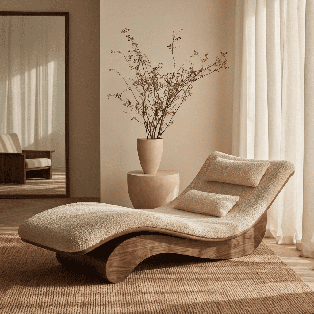 Skulpturale Chaiselongue aus Massivholz, gestylt in einem sonnigen modernen Wohnzimmer