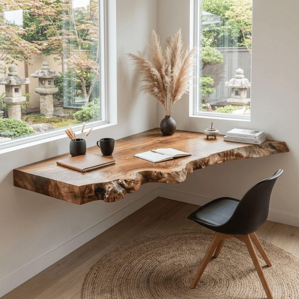 Skulpturaler schwebender Baumkanten-Eckschreibtisch aus Massivholz, gestylt in einem modernen Homeoffice